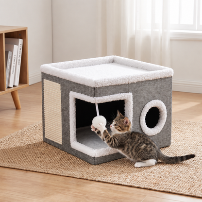 Modern Foldable Cat House with Double-Sided All-Season Cushion & Hanging Toys