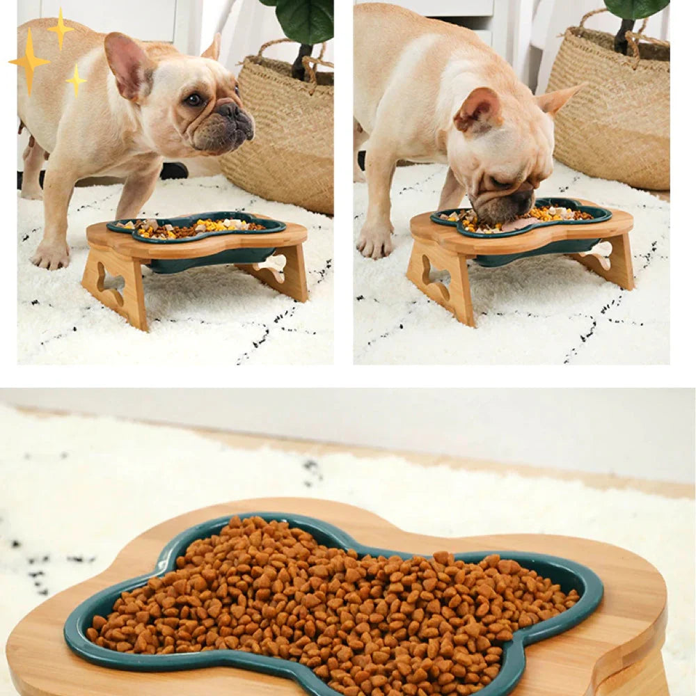 Elevated Ceramic Dog Bowl with Wooden Stand – Paws & Feast