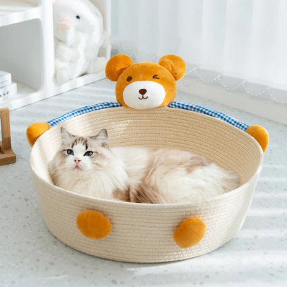 Hand-woven Cotton Rope Cat Bed with animal design