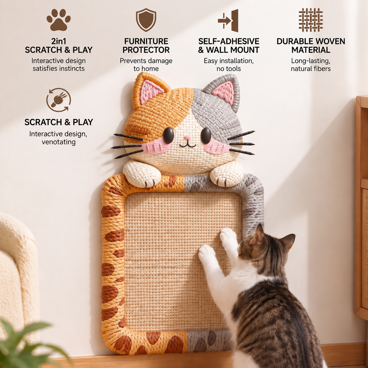 2in1 Woven Self-Adhesive Cat Scratching Mat & Furniture Protector with Interactive Toy