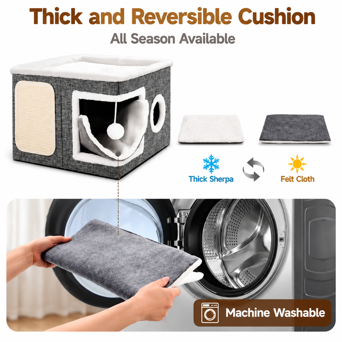 Modern Foldable Cat House with Double-Sided All-Season Cushion & Hanging Toys