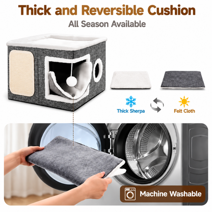 Modern Foldable Cat House with Double-Sided All-Season Cushion & Hanging Toys