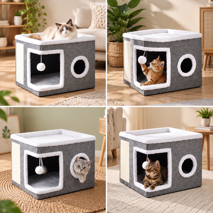 Modern Foldable Cat House with Double-Sided All-Season Cushion & Hanging Toys