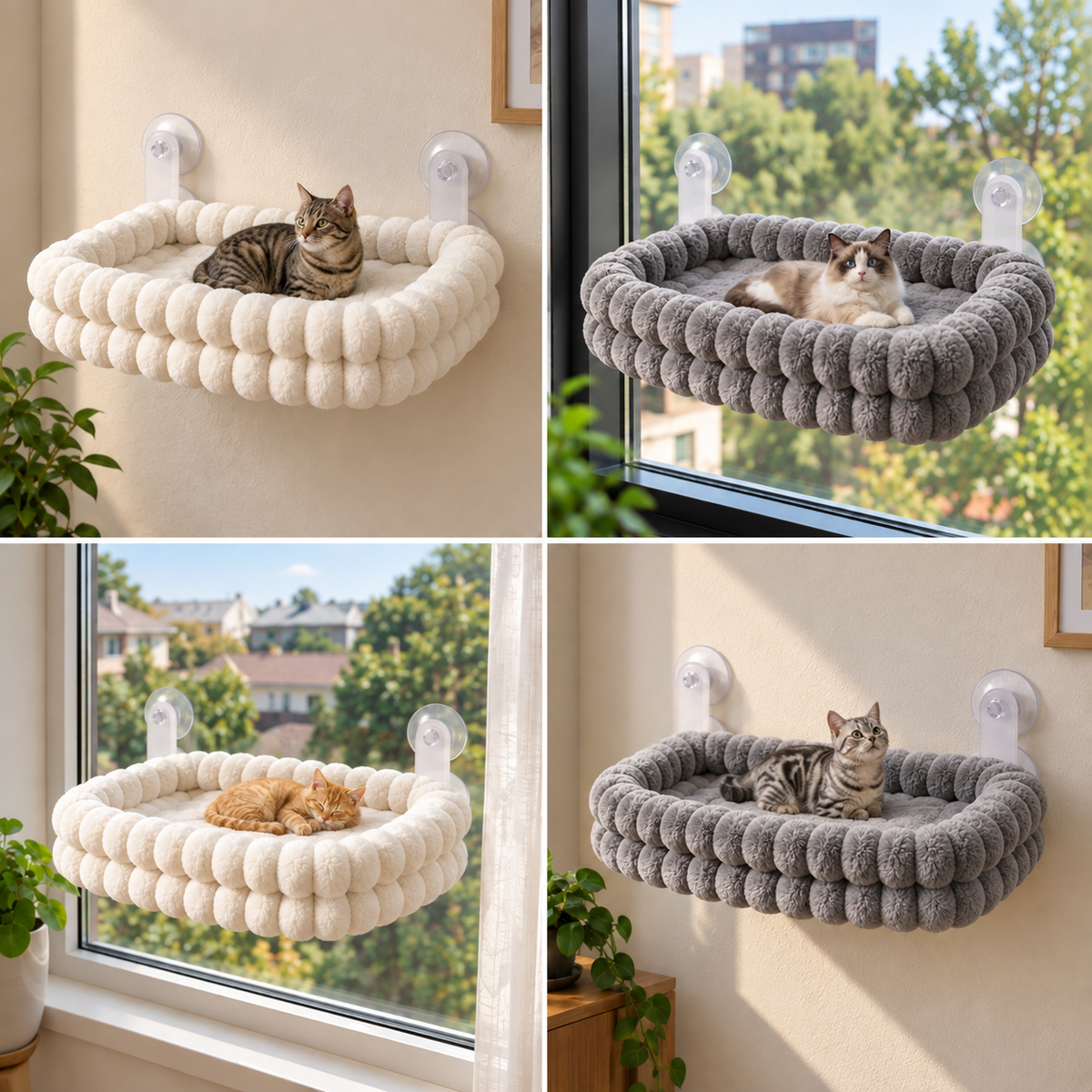 Fluffy Cordless Folding Cat Window Hammock with Strong Suction Cups & Washable Cover
