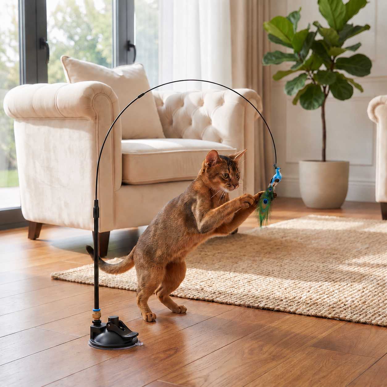 Hands-Free Interactive Cat Wand Toy with Natural Feathers & Suction Cup