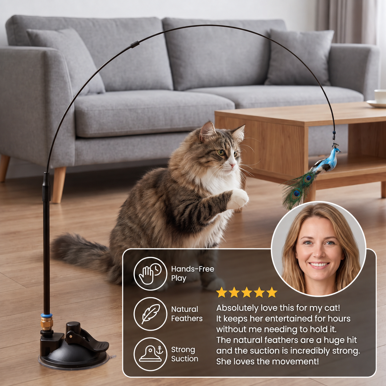 Hands-Free Interactive Cat Wand Toy with Natural Feathers & Suction Cup