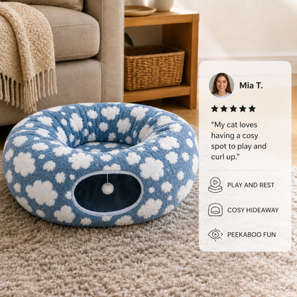 Fluffy 2-in-1 Pet Play Tunnel & Calming Bed with Cozy Blanket and Peekaboo Hole