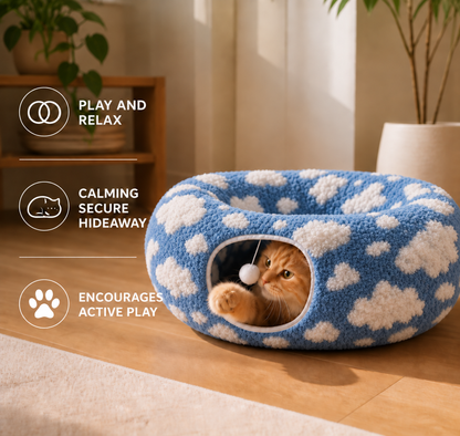 Fluffy 2-in-1 Pet Play Tunnel & Calming Bed with Cozy Blanket and Peekaboo Hole