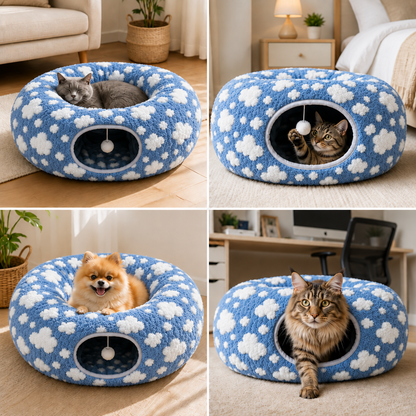Fluffy 2-in-1 Pet Play Tunnel & Calming Bed with Cozy Blanket and Peekaboo Hole