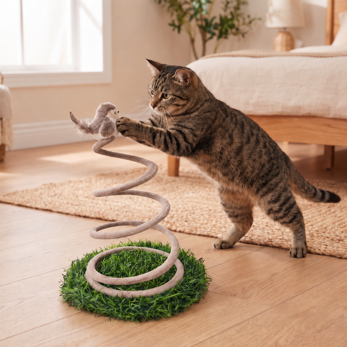 Interactive Spring Bird Cat Toy with Grass Base