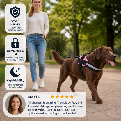 Reflective Adjustable Dog Harness with 3 Leash Clips – Padded for Walking & Training