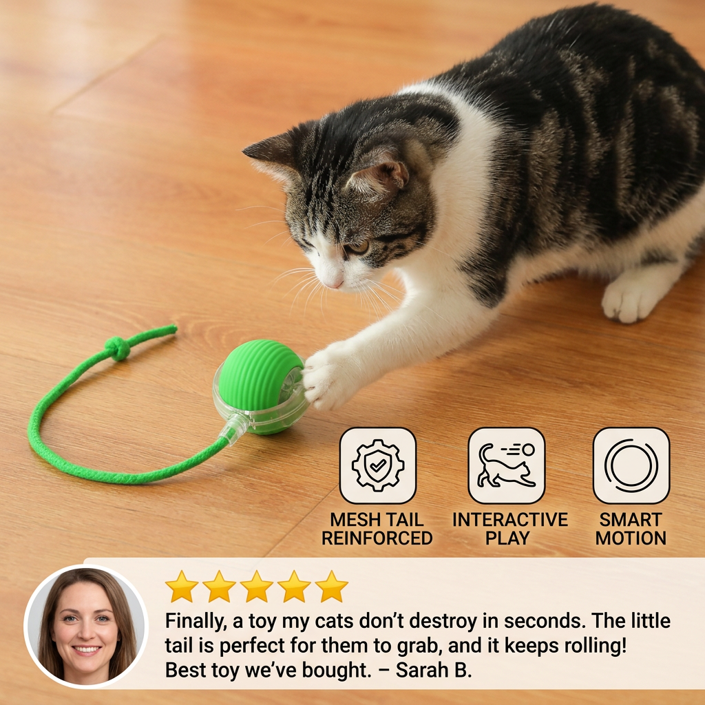 Upgraded Smart Rolling Cat Ball – Durable Interactive Toy with mesh tail
