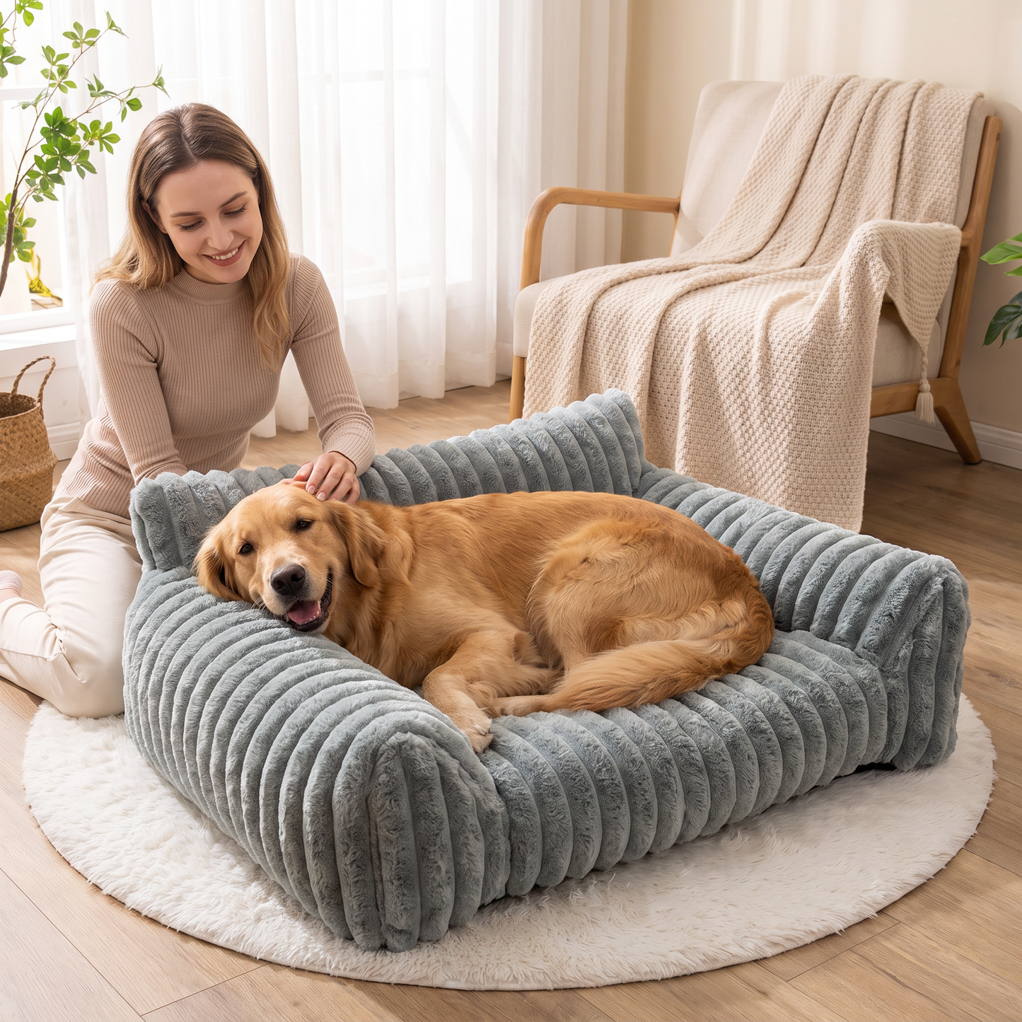 Fluffy Cloud Pet Sofa Bed with Soft Bolsters & Washable Cover