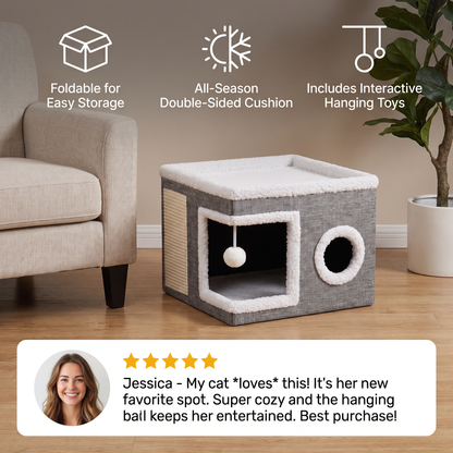 Modern Foldable Cat House with Double-Sided All-Season Cushion & Hanging Toys