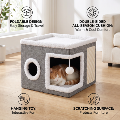 Modern Foldable Cat House with Double-Sided All-Season Cushion & Hanging Toys