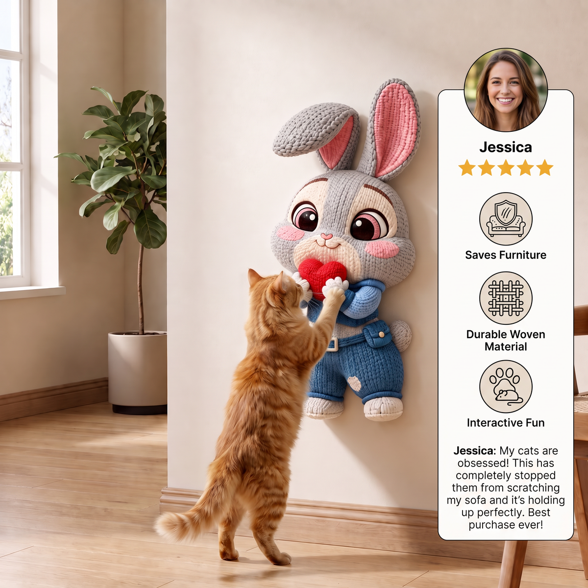 2in1 Woven Self-Adhesive Cat Scratching Mat & Furniture Protector with Interactive Toy