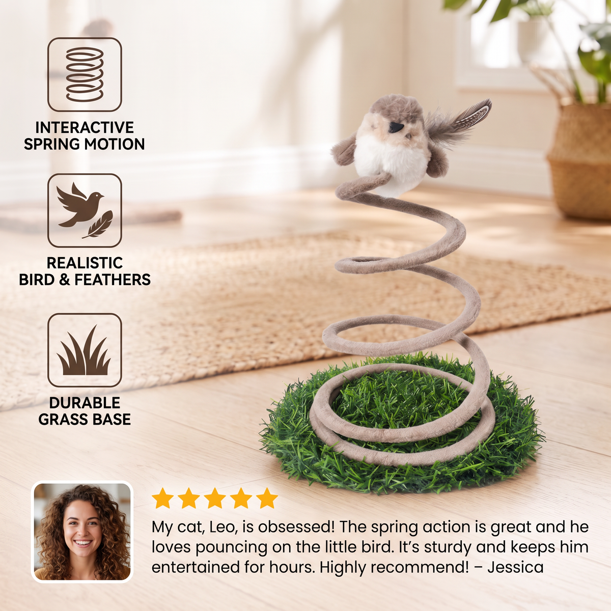 Interactive Spring Bird Cat Toy with Grass Base
