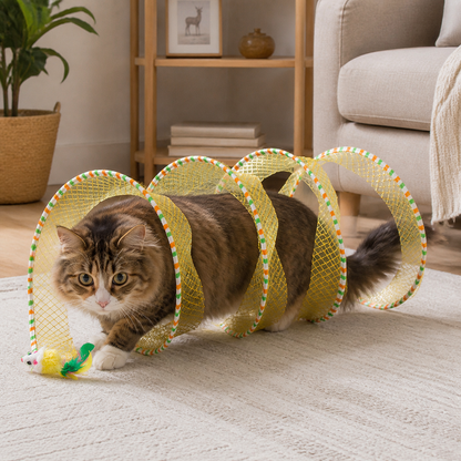 Collapsible Spiral Cat Play Tunnel with Feather Bells
