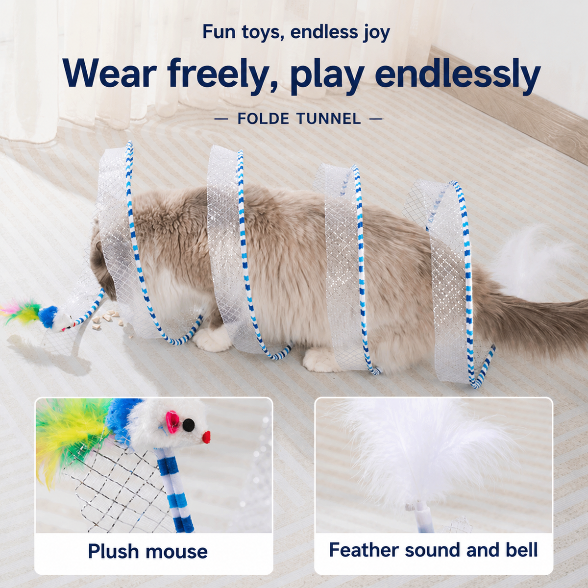 Collapsible Spiral Cat Play Tunnel with Feather Bells
