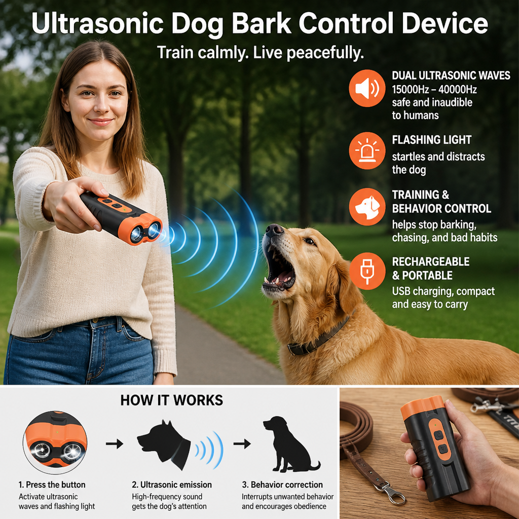 Ultrasonic Dog Bark Control Device – Portable & Rechargeable