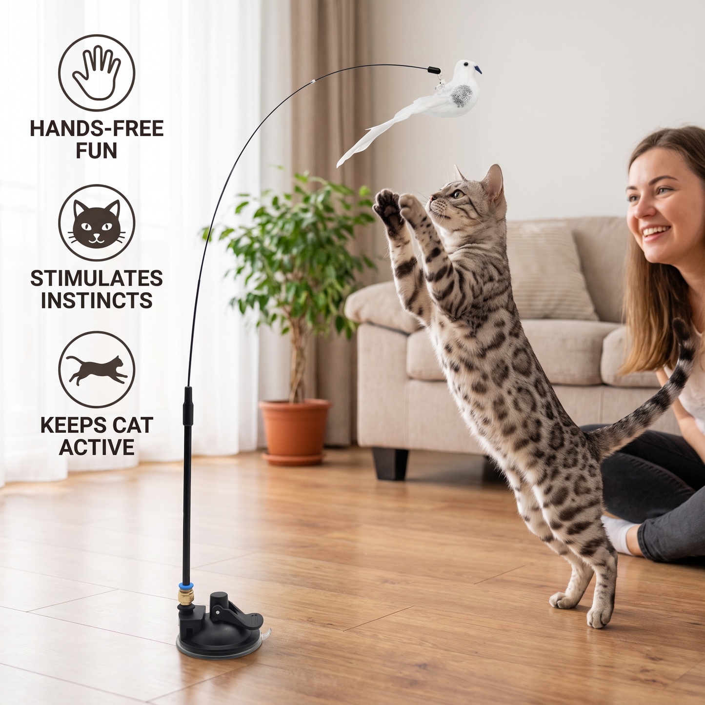 Hands-Free Interactive Cat Wand Toy with Natural Feathers & Suction Cup