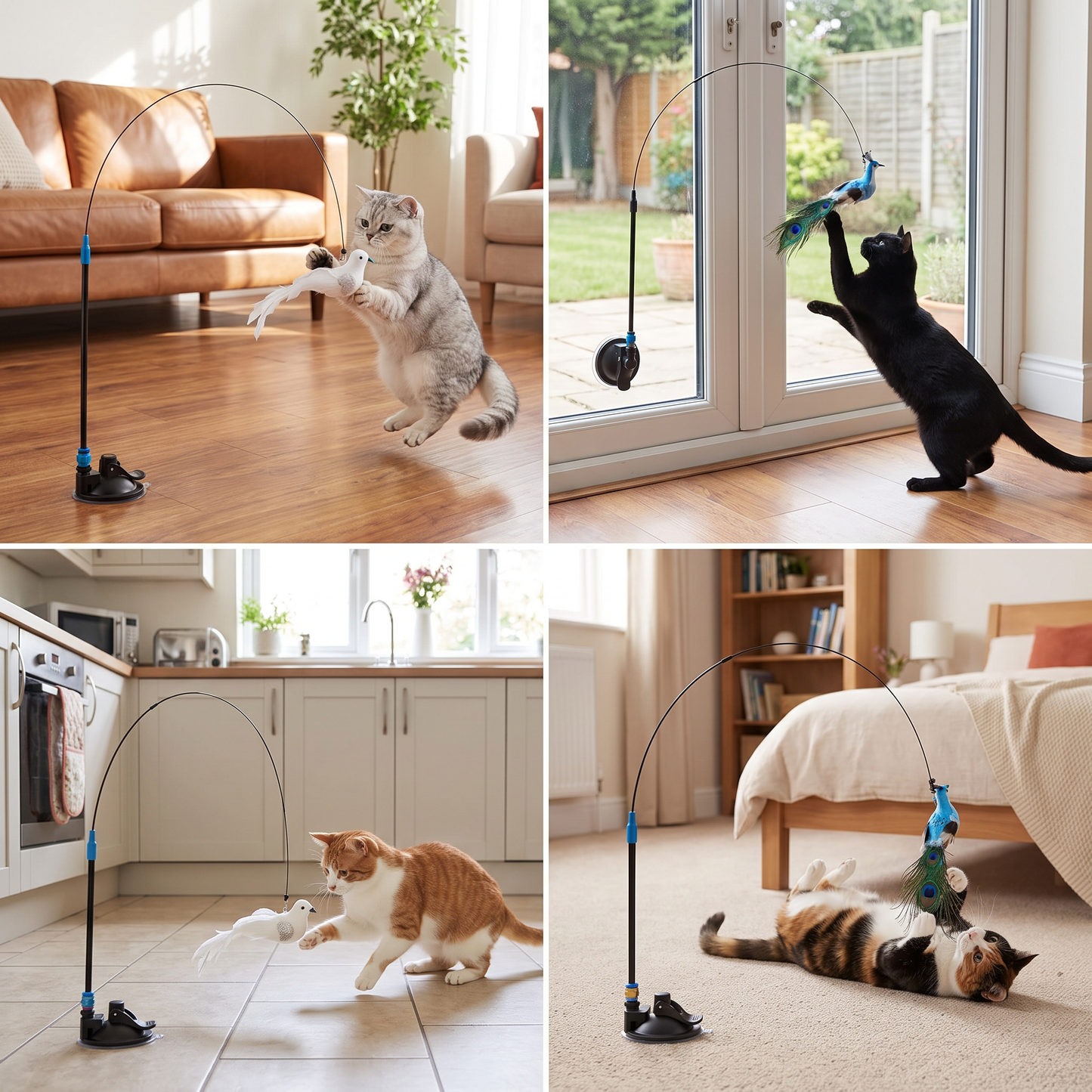 Hands-Free Interactive Cat Wand Toy with Natural Feathers & Suction Cup