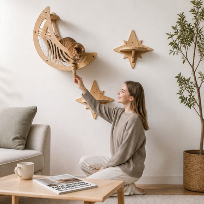 Modern Wooden Moon & Star Wall-Mounted Cat Climbing Shelves & Bed Set