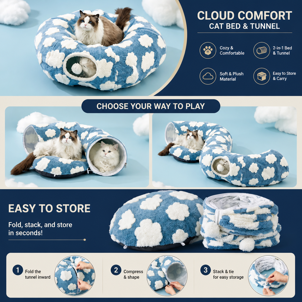 Fluffy 2-in-1 Pet Play Tunnel & Calming Bed with Cozy Blanket and Peekaboo Hole
