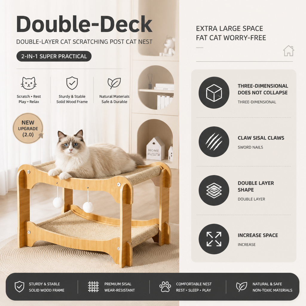 Wooden Double-Decker Cat Play & Lounge Bed with Sisal Scratching Ramp and Hanging Toys