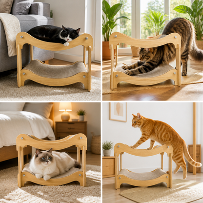 Wooden Double-Decker Cat Play & Lounge Bed with Sisal Scratching Ramp and Hanging Toys