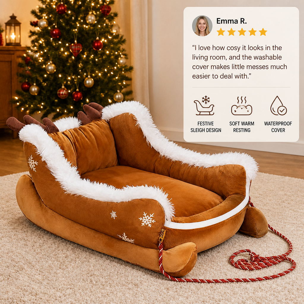 Christmas Sleigh-Shaped Plush Pet Bed with Washable Waterproof Cover