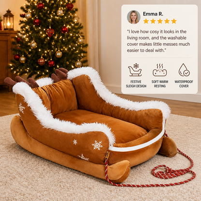 Christmas Sleigh-Shaped Plush Pet Bed with Washable Waterproof Cover
