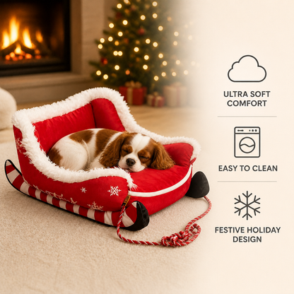 Christmas Sleigh-Shaped Plush Pet Bed with Washable Waterproof Cover