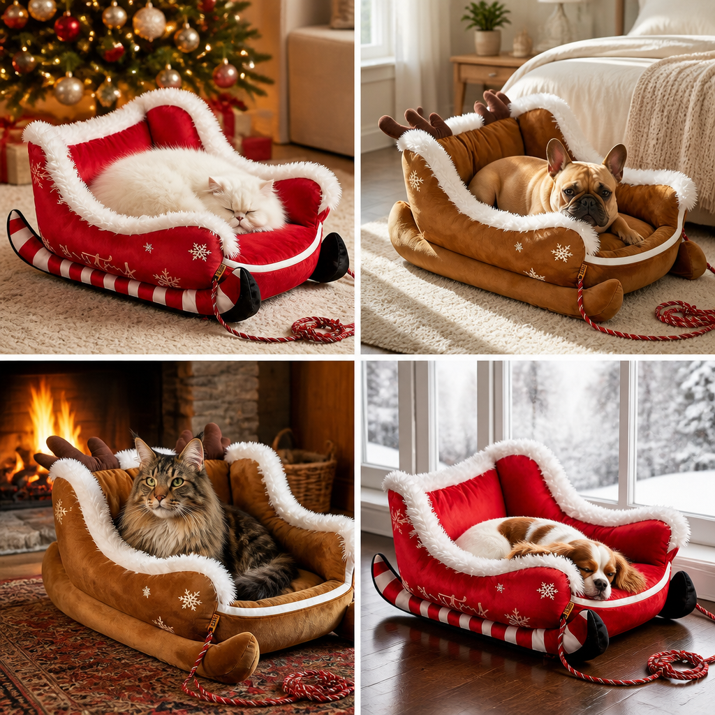 Christmas Sleigh-Shaped Plush Pet Bed with Washable Waterproof Cover