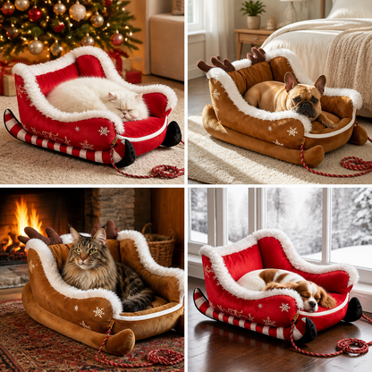 Christmas Sleigh-Shaped Plush Pet Bed with Washable Waterproof Cover