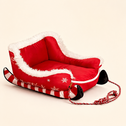 Christmas Sleigh-Shaped Plush Pet Bed with Washable Waterproof Cover