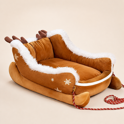 Christmas Sleigh-Shaped Plush Pet Bed with Washable Waterproof Cover