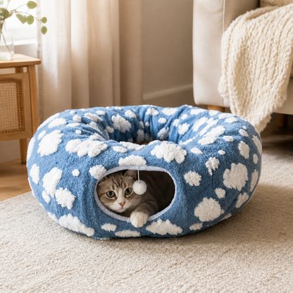 Fluffy 2-in-1 Pet Play Tunnel & Calming Bed with Cozy Blanket and Peekaboo Hole