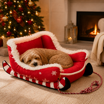 Christmas Sleigh-Shaped Plush Pet Bed with Washable Waterproof Cover