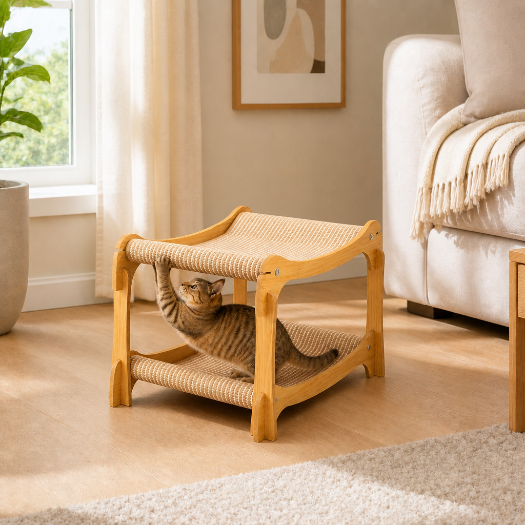 Wooden Double-Decker Cat Play & Lounge Bed with Sisal Scratching Ramp and Hanging Toys