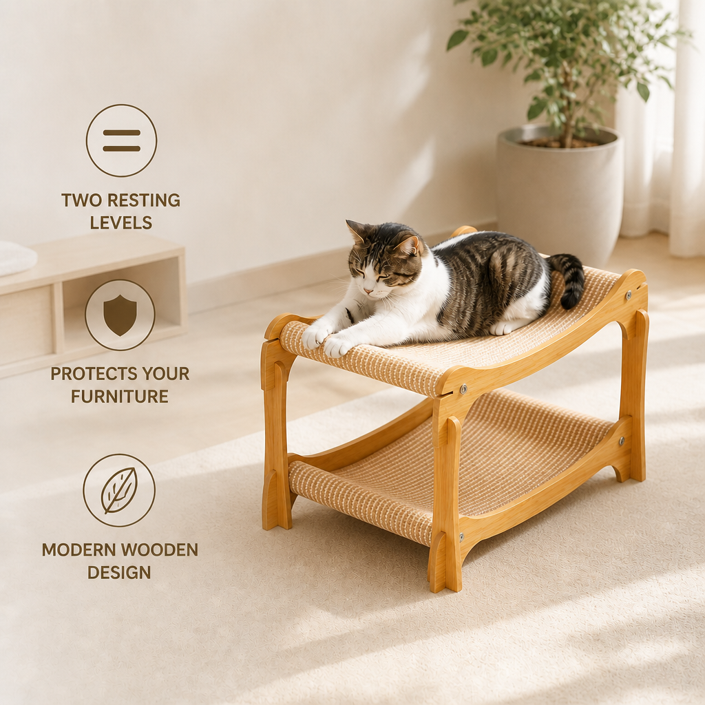 Wooden Double-Decker Cat Play & Lounge Bed with Sisal Scratching Ramp and Hanging Toys