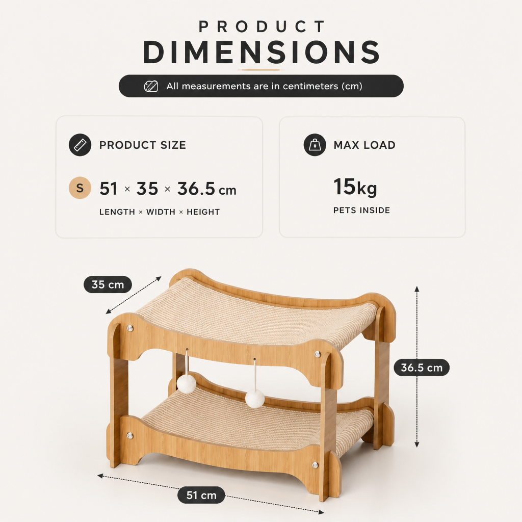 Wooden Double-Decker Cat Play & Lounge Bed with Sisal Scratching Ramp and Hanging Toys