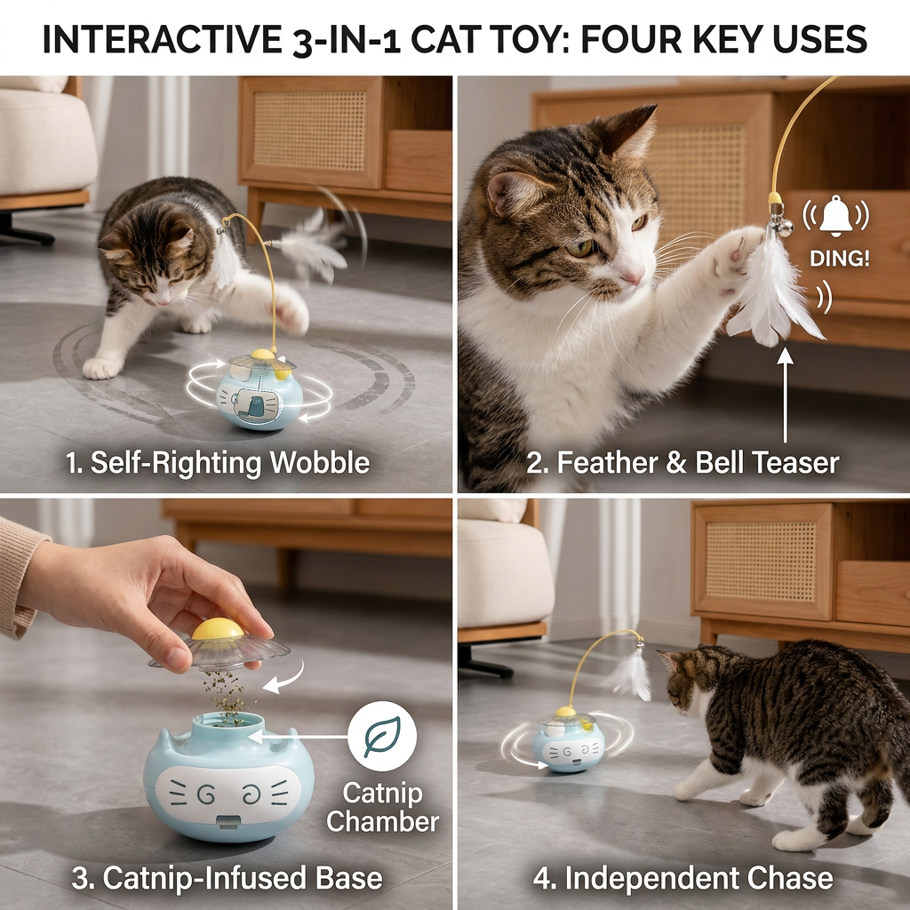 3in1 Interactive Catnip Cat Toy with Feather Wand & Bell