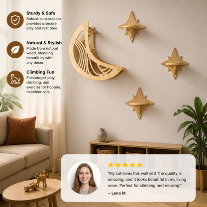 Modern Wooden Moon & Star Wall-Mounted Cat Climbing Shelves & Bed Set