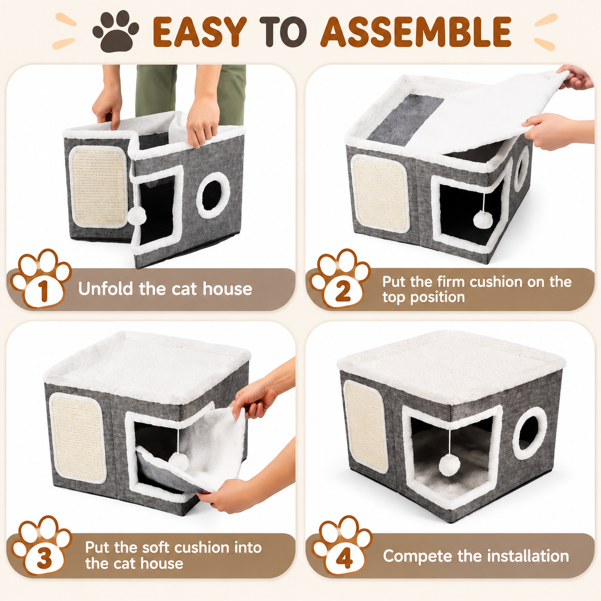 Modern Foldable Cat House with Double-Sided All-Season Cushion & Hanging Toys