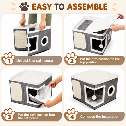 Modern Foldable Cat House with Double-Sided All-Season Cushion & Hanging Toys