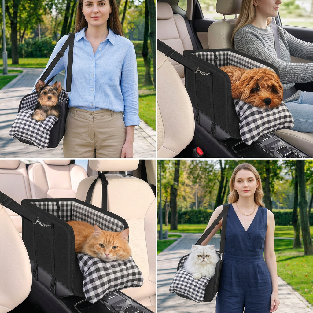 Safe Small Dog & Cat Car Travel Carrier with Safety Leash & Non-Slip Base