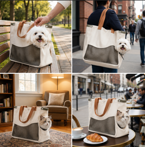 Breathable Canvas Cat Carrier Tote Bag with Mesh Window