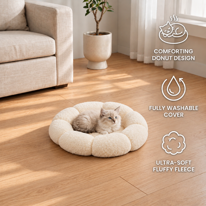 Luxury Floral Fluffy Donut Cat Bed – Soft & Washable Round Cushion