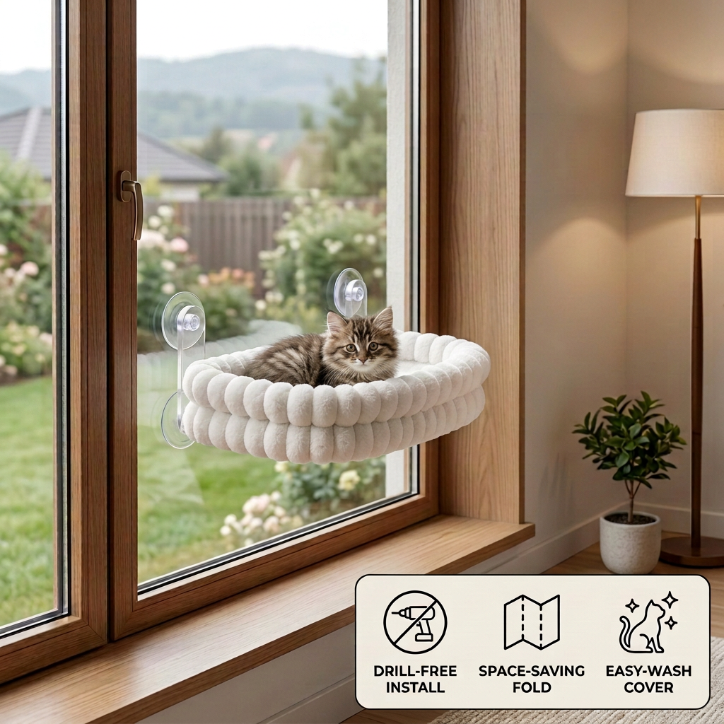 Fluffy Cordless Folding Cat Window Hammock with Strong Suction Cups & Washable Cover